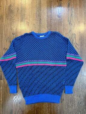 Vintage Kalaroo Australia Mercerised Cotton Blue Geometric Knit Sweater Size M